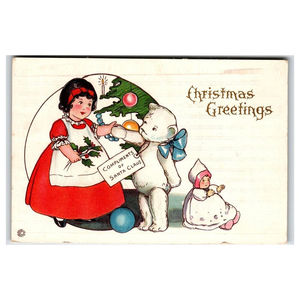 Antique Stecher Christmas Greetings Postcard Girl Teddy Bear Santa 1910s